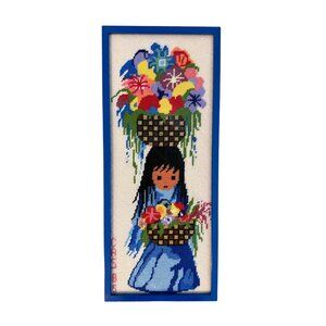 Vintage Framed Cross Stitch Flower Girl | DeGrazia Style Folk Art | 1985